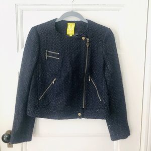 QMack Blue Gold Metallic Houndstooth Moto Jacket